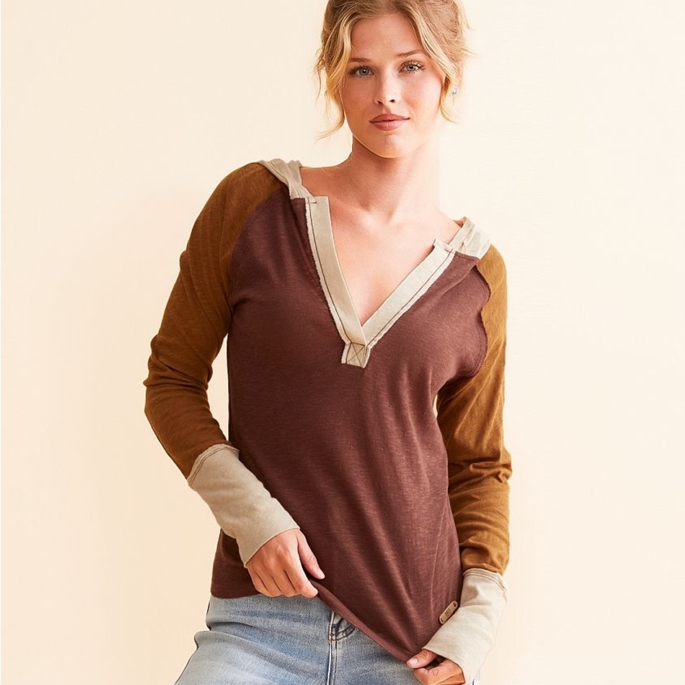 Free People Brown and Cream Long Sleeve Top